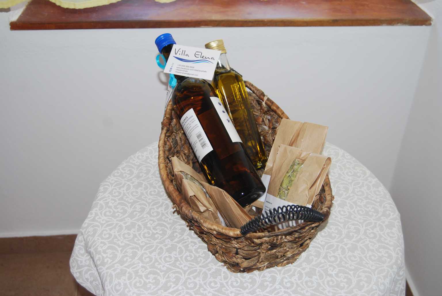 villa elena gift basket wine olive oil spices leaves